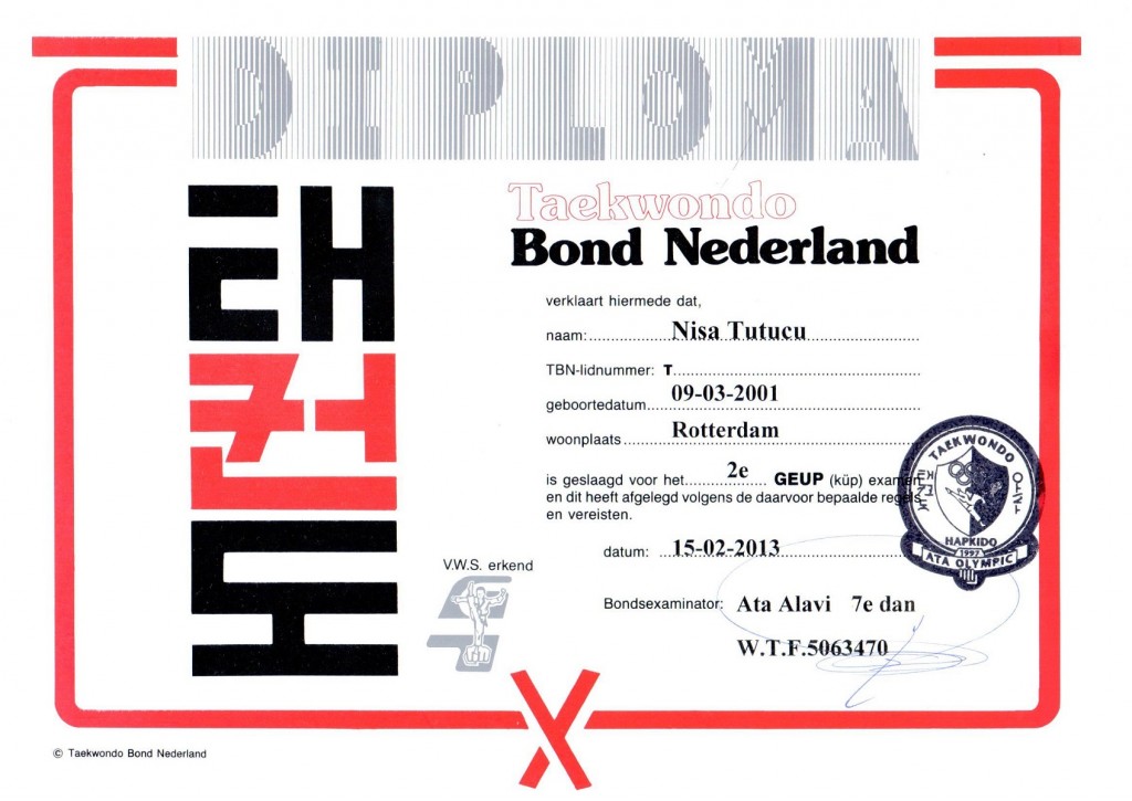 Nisa TUTUCU Taekwondo Diploma 2e GEUP