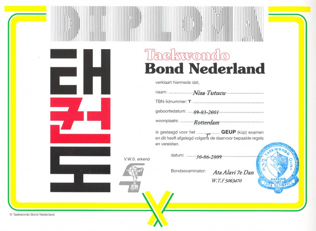 Nisa TUTUCU Taekwondo Diploma 7e GEUP