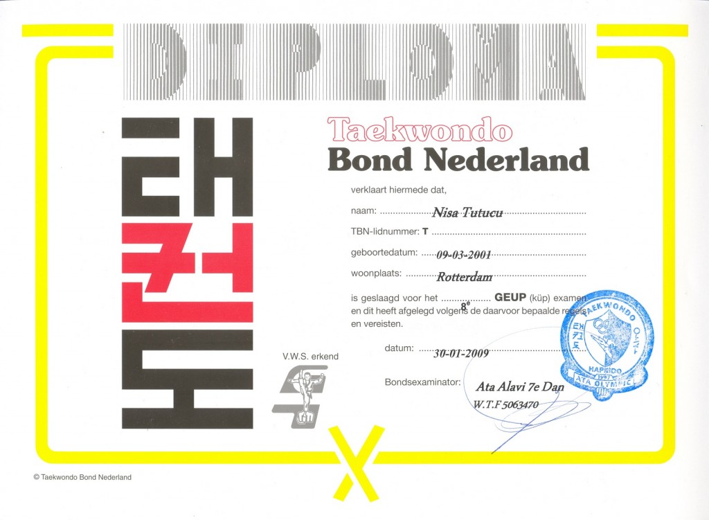 Nisa TUTUCU Taekwondo Diploma 8e GEUP