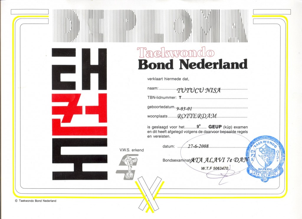 Nisa TUTUCU Taekwondo Diploma 9e GEUP