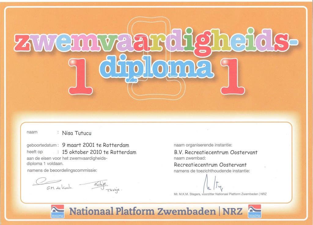 Nisa TUTUCU Zwem Diploma Zwewaardigheids 1