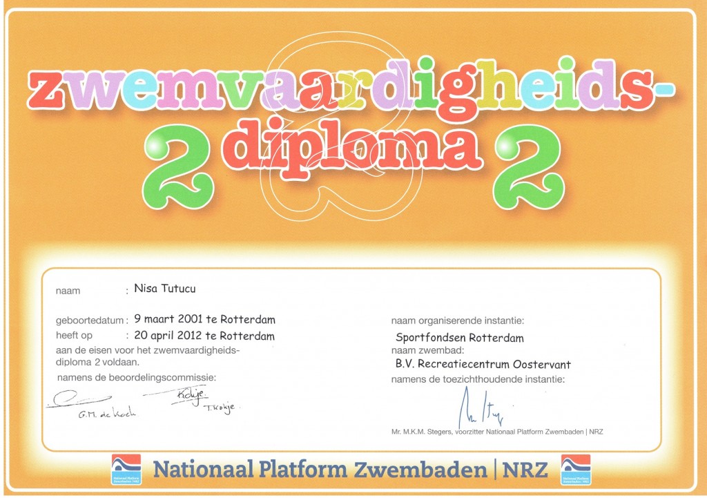 Nisa TUTUCU Zwem Diploma Zwewaardigheids 2