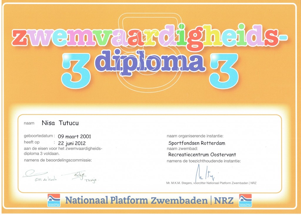 Nisa TUTUCU Zwem Diploma Zwewaardigheids 3